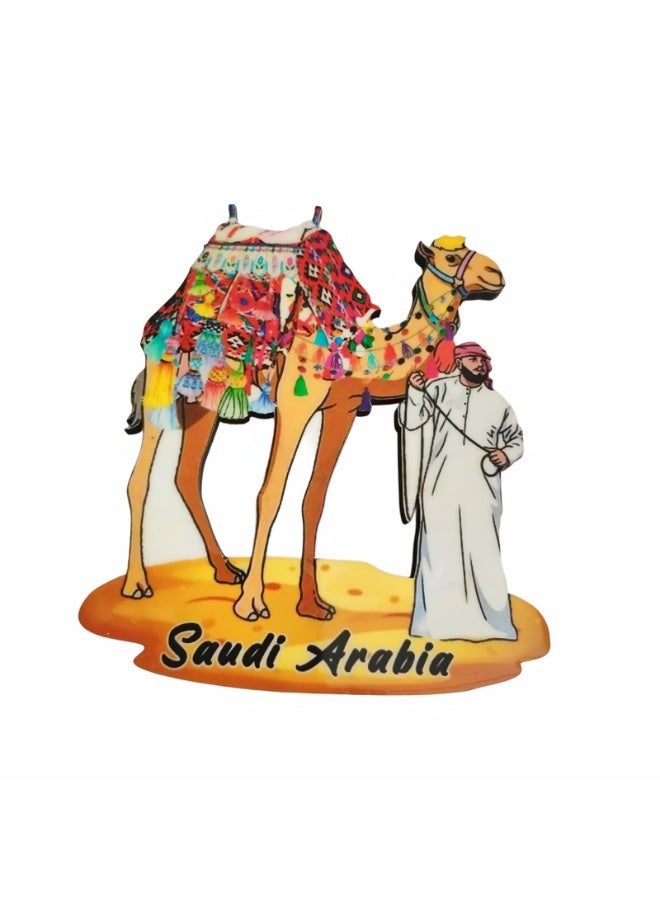 Fridge Magnet Wooden Quality – Featuring Saudi Arabia Camel & Traditional Attire – Cultural Souvenir | Arabian Heritage | Handcrafted Desert Scene | Makkah Pride Gift | Rustic Travel Keepsake, Souvenir - Image 1